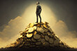 A business man standing on coins pile. Business investment, wealth, and success concept. Generative AI.