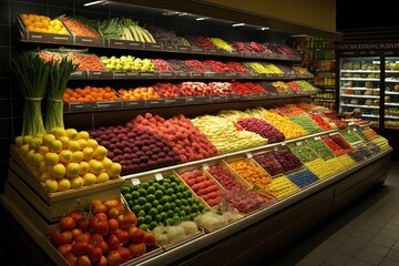 Wall Mural - Generative AI illustration of fresh and colorful, fruit and vegetable section of the supermarket