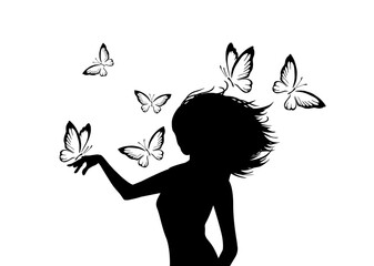 Wall Mural - Silhouette of a girl with butterflies. Vector illustration