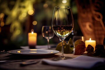 Canvas Print - Generative AI illustration of a restaurant table with a glass of white wine, soft golden light, expensive restaurant with beautiful lights, outdoor and night