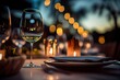 Leinwandbild Motiv Generative AI illustration of a restaurant table with a glass of white wine, soft golden light, expensive restaurant with beautiful lights, outdoor and night