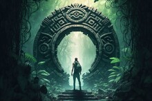 Generative AI Illustration Of Mayan Gate In The Forest. An Adventurer In A Green Tropical Rainforest Discovering A Secret Passage. Explorer Walking Through A Secret Gate