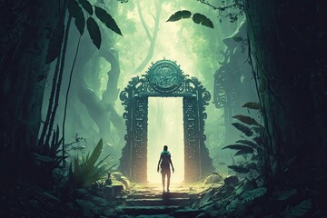 generative ai illustration of mayan gate in the forest. an adventurer in a green tropical rainforest