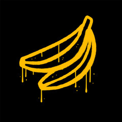 Spray Painted urban Graffiti two bananas icon Sprayed in yellow over black isolated. Street art fruit icon with over spray rexture. Vector hand drawn illustration.