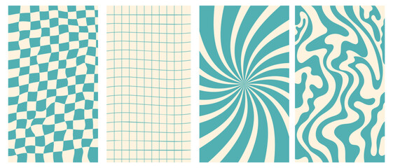 Wall Mural - Groovy hippie 70s vector backgrounds set. Chessboard and twisted patterns. Backgrounds in trendy retro trippy style.Twisted and distorted vector texture in trendy retro psychedelic style