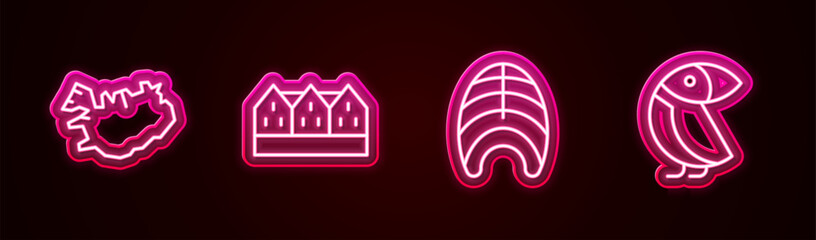 Poster - Set line Map of Iceland, Norwegian wooden house, Fish steak and Albatross. Glowing neon icon. Vector