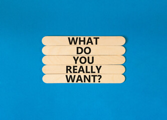 Wall Mural - What do you really want symbol. Concept words What do you really want on wooden stick. Beautiful blue table blue background. Business and what do you really want concept. Copy space.