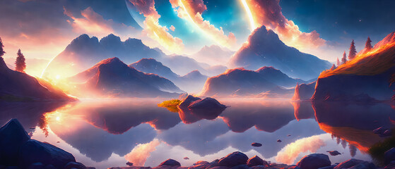 Wall Mural - Awe-inspiring landscape of lakes and mountains in divine glow. Magical colors. Flashes and blurs of light. Trees and reflections visible in space. Generative AI