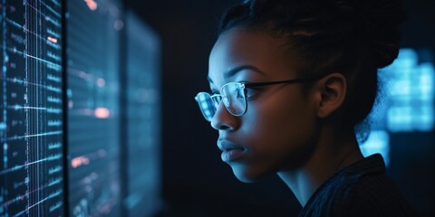 African American Black woman coder programmer using computer for coding, screen with code lines copyspace. Generative AI.