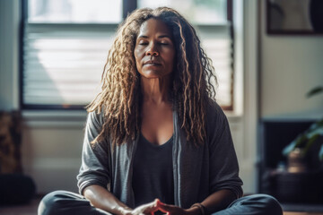 Middle age woman meditating on the floor at home. Generative AI.