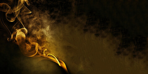 Wall Mural - Smoke fire card, gold fire moking on black background, smoking wave, luxury incense on black. Generative AI