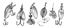 Fishing Bait. Fishery Lures And Wobblers With Hooks. Accessories, Equipment Set Vector Illustration