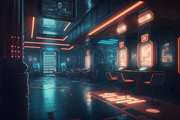 futuristic casino interior. cyberpunk style. generative AI illustration.