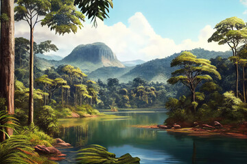 Wall Mural - Brazil landscape with river and mountains. Generative AI Art. Beautiful view.