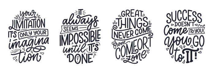 set with hand drawn lettering quotes in modern calligraphy style about business motivation. inspirat