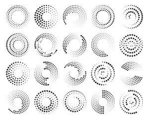Design element for frame, logo, tattoo, web pages, prints, posters, template, background. Radial speed Lines in circle form for comic books.  Set of black thick halftone dotted speed lines. Vector.	
