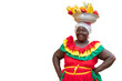 Happy smiling Palenquera fresh fruit street vendor typical of Cartagena, Colombia, isolated in transparent PNG. Cheerful Afro-Colombian woman in traditional clothing, Colombian culture and lifestyle. 