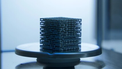 Wall Mural - Close-up of cube in laboratory. Stock footage. Futuristic 3D cube lies in scientific laboratory. Unidentified mysterious cube is in scientific laboratory
