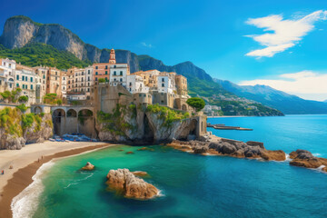 Landscape with Atrani town at famous amalfi coast, Italy created with Generative AI technology