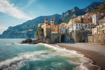 Landscape with Atrani town at famous amalfi coast, Italy created with Generative AI technology