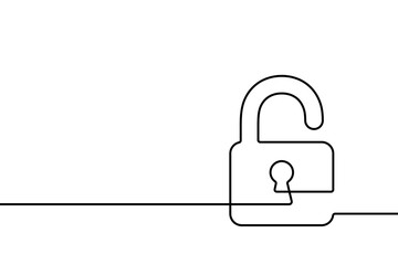 Keyhole icon. Black silhouette lock continuous line isolated on white background. Hand drawn padlock. Secrecy drawing graphic. Simple open lock. Hands draw stylized unlock concept. Vector illustration