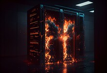 Firewall Activated On Server Room Data Center 3D Rendering. Generative AI