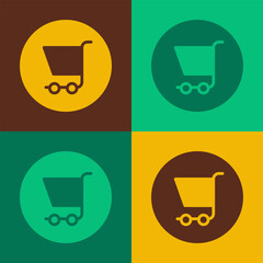 Poster - Pop art Shopping cart icon isolated on color background. Online buying concept. Delivery service sign. Supermarket basket symbol. Vector