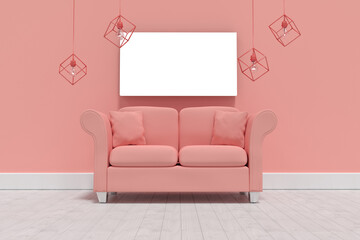 Sticker - 3d illustration of empty coral sofa with cushions