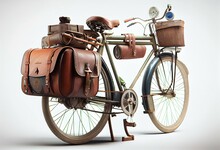 An Old Bicycle With Luggage, Isolated On White Background. Generative AI