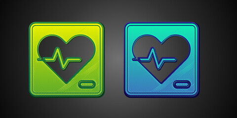 Sticker - Green and blue Heart rate icon isolated on black background. Heartbeat sign. Heart pulse icon. Cardiogram icon. Vector