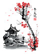 A gazebo and a stone lantern by the pond against the backdrop of a branch of cherry blossoms. Illustration in oriental style. Text - 