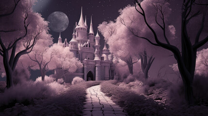 Wall Mural - fairy tale scene with pink castle - by generative ai