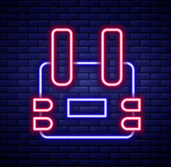 Wall Mural - Glowing neon line Bulletproof vest for protection from bullets icon isolated on brick wall background. Body armor sign. Military clothing. Colorful outline concept. Vector