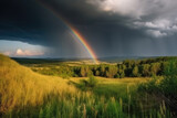Fototapeta Tęcza - Rainbow over stormy sky. Rural landscape with rainbow over dark stormy sky in a countryside at summer day. created with Generative AI technology