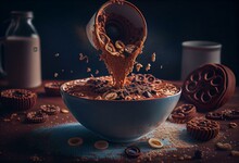 Chocolate Rings Cereal Spill Out Into A Bowl. Breakfast. Generative AI
