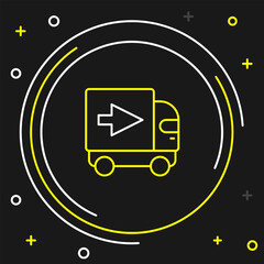 Canvas Print - Line Delivery cargo truck vehicle icon isolated on black background. Colorful outline concept. Vector