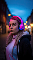 Wall Mural - Beautiful Space Android DJ with Pink Hair and Blue Tattoos in Futuristic World Created Using Generative Ai