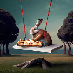 Wall Mural - bunny eating pizza