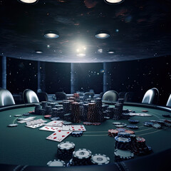 Wall Mural - Poker in Outer Space: Playing Cards and Cosmic Chips on Futuristic Casino TableCreated Using Generative Ai