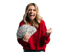Enthusiastic Modern Woman Winning Money, Got Cash, Celebrating And Shouting Of Joy, Standing Against Transparent Background