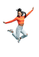 Excited happy pretty girl in casual jeans clothes high jump with raised hands and legs, on transparent background