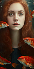 Wall Mural - Double Exposure Magic: A School of Fish and a Woman's Long Hair Collide in Vibrant Colors Created Using Generative Ai