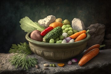 Wall Mural - Vegetables at various stages of pickling, shown in a bowl on a stone table. Generative AI