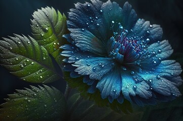 Wall Mural - a blue blossom with fragrant, dewy leaves generative ai
