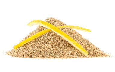 Wall Mural - Pile of dried lemon peel powder and fresh lemon skin isolated on a white background