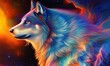  Portrait of a colorful cosmic wolf. Generative AI.