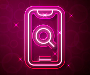 Sticker - Glowing neon line Magnifying glass and mobile icon isolated on red background. Search, focus, zoom, business symbol. Vector