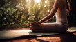© AstralAngel - serene outdoor yoga session, featuring a woman on a pastel-colored yoga mat, Generative AI