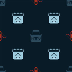 Sticker - Set Swiss army knife, Ammunition box and Target sport on seamless pattern. Vector