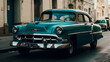 Vintage classic american car in Havana, Cuba. Blue car in a street, travel concept, Generative Ai